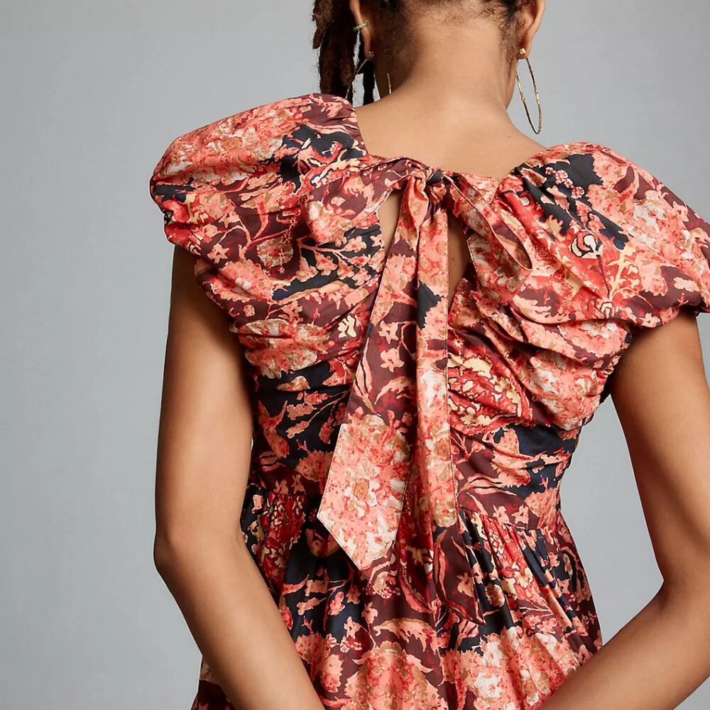 Anthropologie Red Multi Motif Printed V-Neck Babydoll Dress 8 - Picture 3 of 5